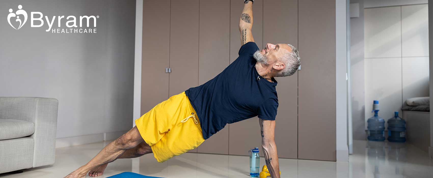 Man doing yoga in his living room.