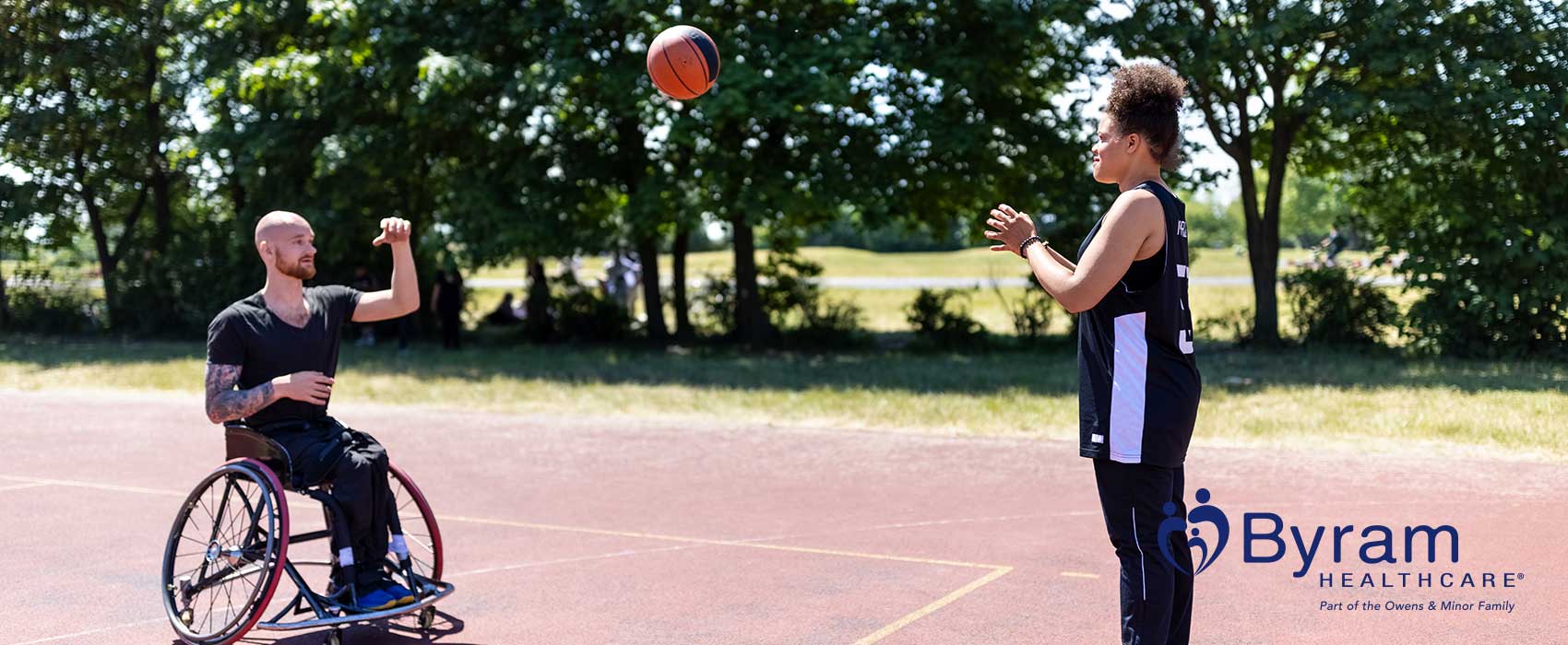 Man in a wheelchair playing basketball.