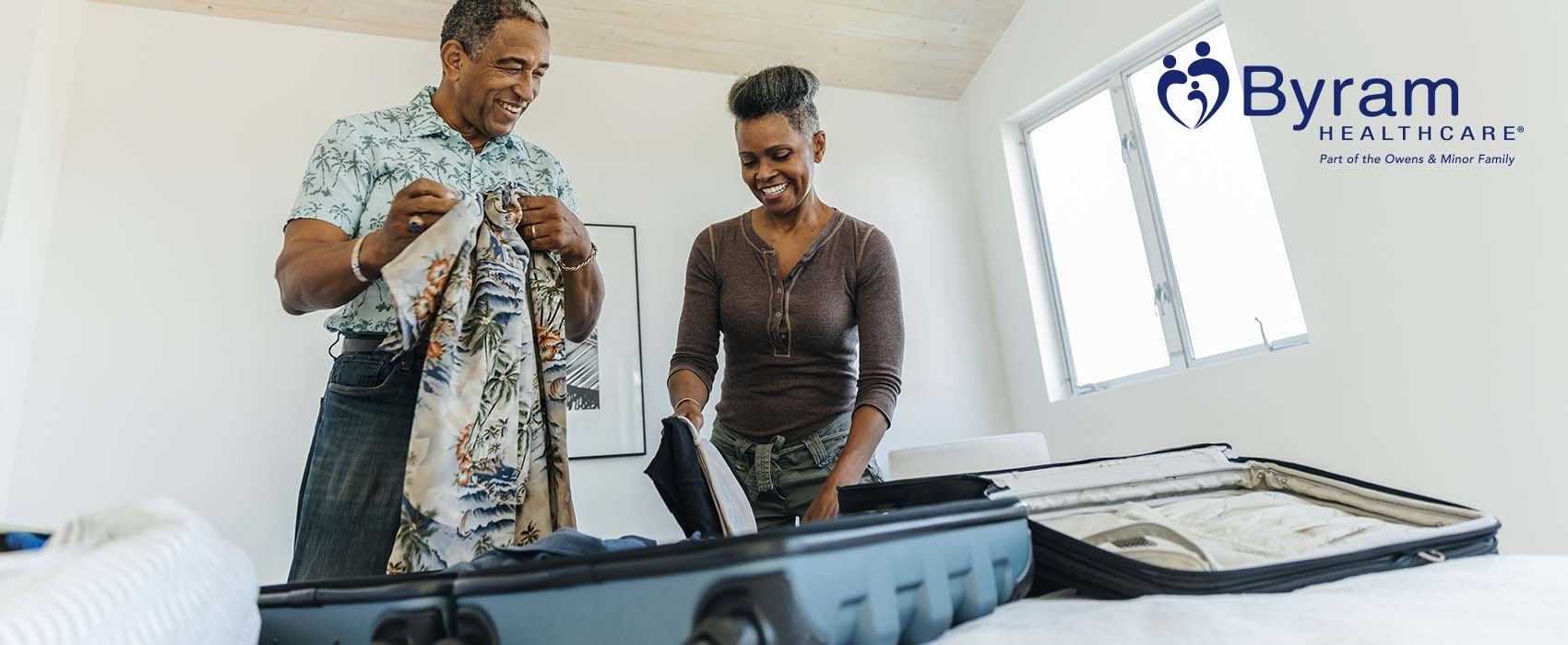 Man and woman packing a suitcase.