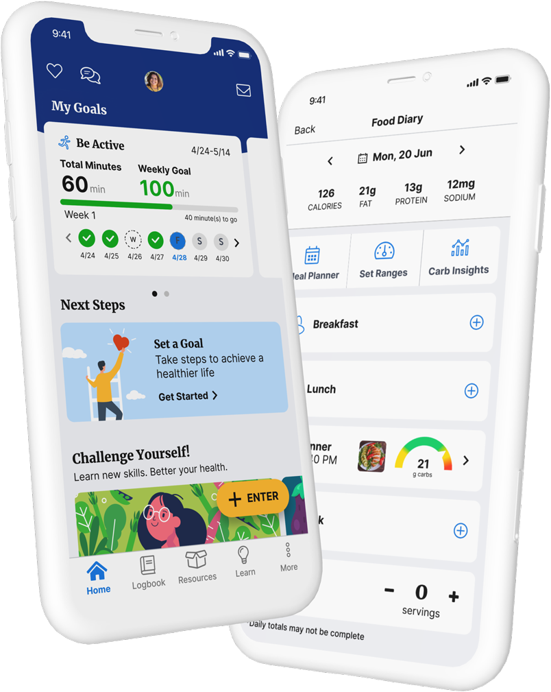 Side by side mobile phone screen shots of byramconnect app powered by welldoc