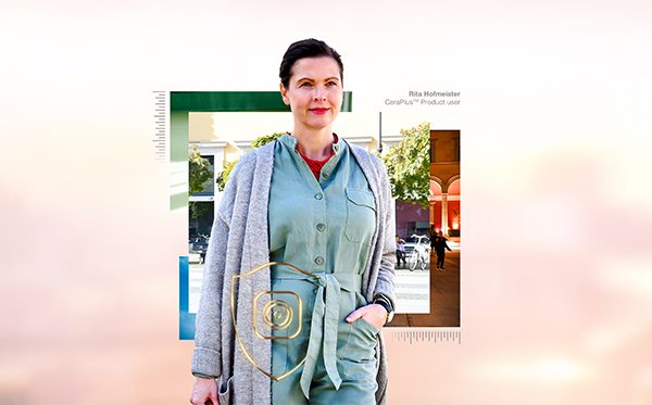 woman with outline showing discrete ostomy bag underneath clothing
