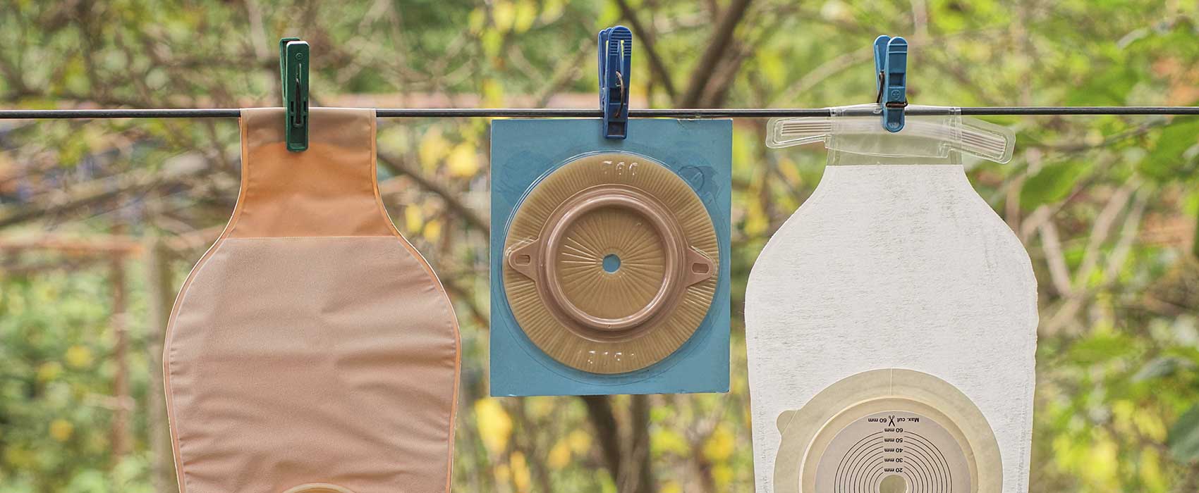 ostomy bags drying on clothesline