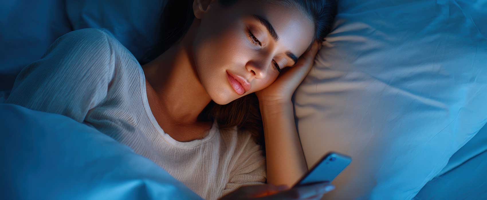 woman in bed looking at smartphone